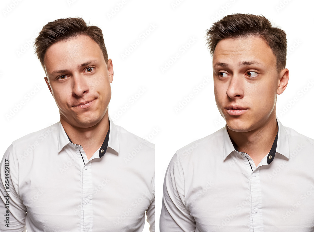 Young man with an expressive face, wearing white shirt, isolated on white background Young man with an expressive face, wearing white shirt, isolated on white background