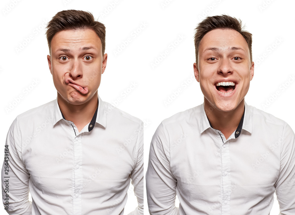 Young man with an expressive face, wearing white shirt, isolated on white background Young man with an expressive face, wearing white shirt, isolated on white background