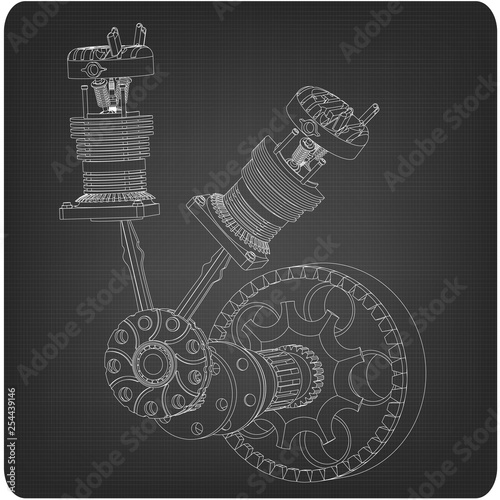 Crankshaft and two pistons on a gray