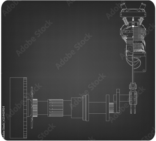Crankshaft and two pistons on a gray