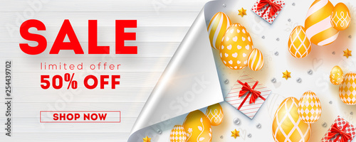 Sale get up to 50 percent discount, limited offer. Banner with bended corner of page. Wooden textured background. Promo of shopping actions. Golden eggs, gift boxes and toys on white background