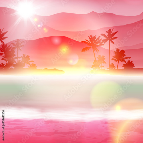 Background with sea and palm trees. Sunset time. © hamara