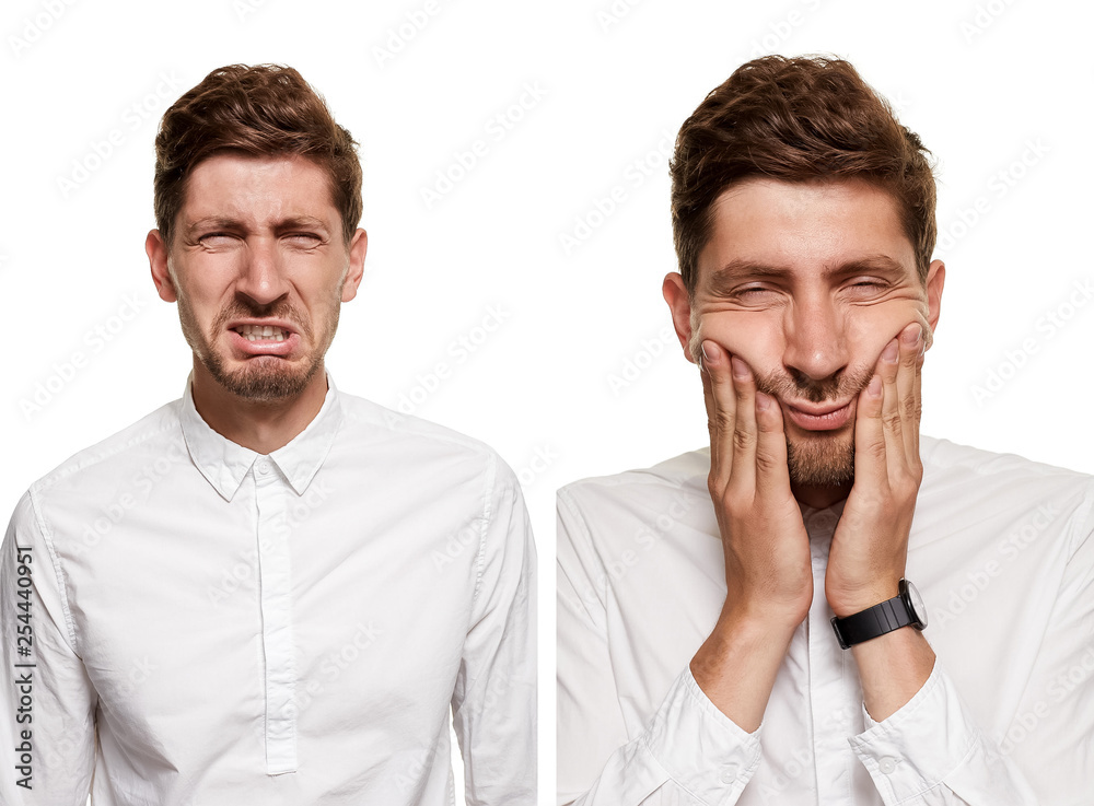 Fototapeta premium Handsome man in a white shirt makes faces, isolated on a white background