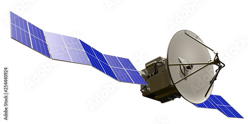 Fototapeta Naklejka Na Ścianę i Meble -  orbital satellite industrial illustration - spaceship with huge sun panels isolated on clear white background - 3D Illustration