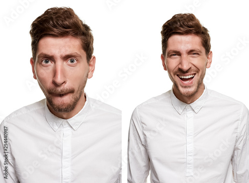 Handsome man in a white shirt makes faces, isolated on a white background