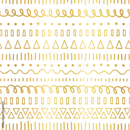 Gold foil doodles seamless vector pattern. Ethnic and tribal motifs. Hand drawn metallic doodle strokes, lines, triangles repeating background. For party invitation, birthday card, wedding celebration