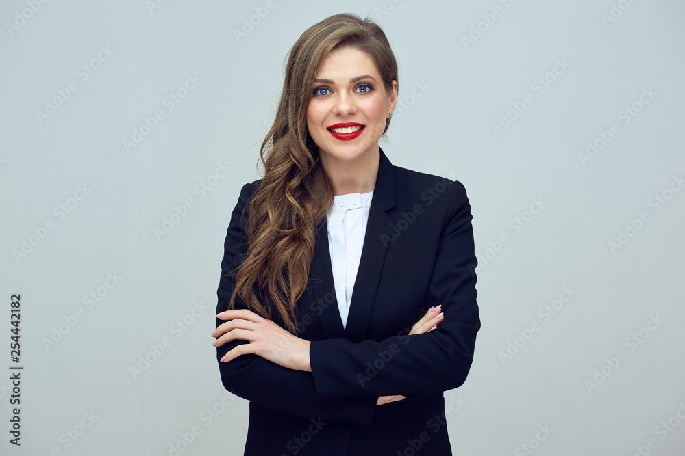 smiling businesswoman dressed in black suit. smiling businesswoman dressed in black suit.