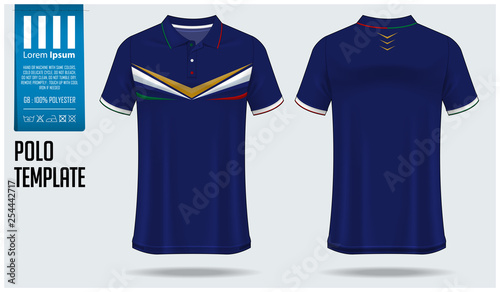 Polo t-shirt template design for soccer jersey, football kit or sportswear. Sport uniform in front view and back view. T-shirt mock up for sport club. Fabric pattern. Vector Illustration.