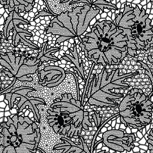 Black vintage Lace seamless pattern with flowers