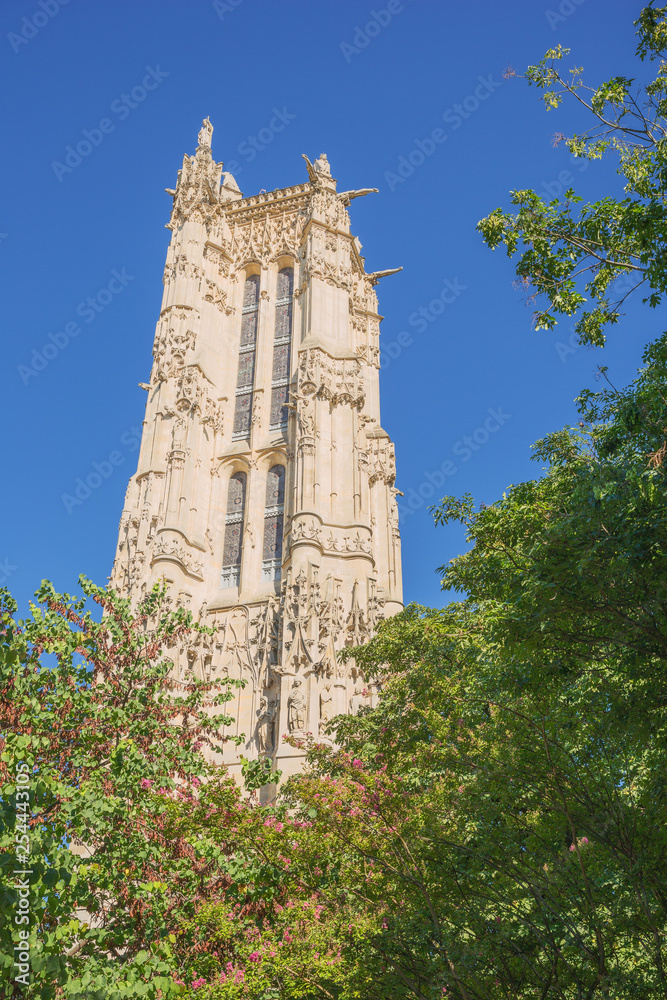 At the foot of Saint-Jacques Tower seen from the park next to it At the foot of Saint-Jacques Tower seen from the park next to it