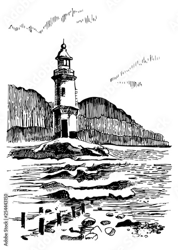 Sea landscape with a lighthouse. Sea hand drawn sketch illustration. Engraving poster for a children room. Beacon in the sea near Vladivostok, Russia.