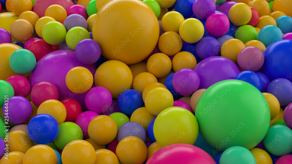 Colorfull 3d abstract render with shiny reflective balls. Simple shapes, random sizes.