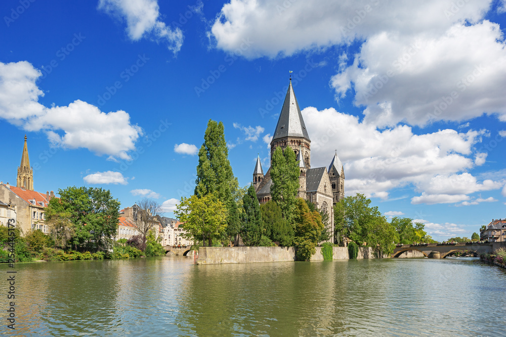 The Temple Neuf, a reformed church in Metz seen from the banks of the Moselle