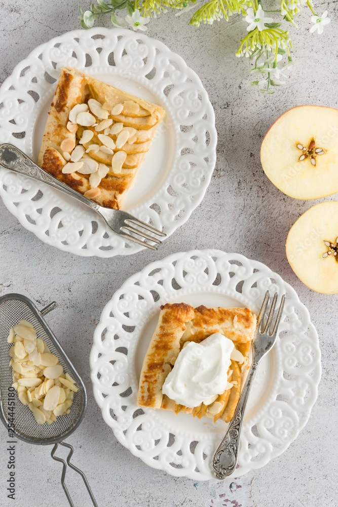Apple pie tart, ingredients - apples and frangipane on modern background - top view Apple pie tart, ingredients - apples and frangipane on modern background - top view