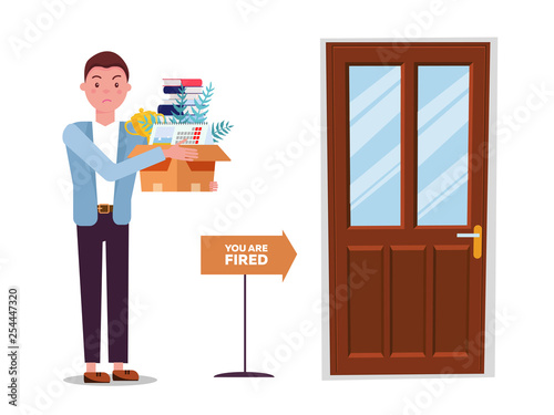 Fired man goes to exit door. incompetent worker going to the door, dismisses male employee from job, guy leaving office workplace. Dismissed man with cardboard box . Vector flat cartoon illustration