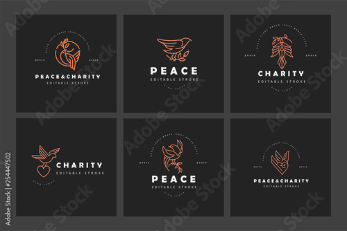 Vector icon and logo peace and charity. Editable outline stroke size. Line flat contour, thin and linear design. Simple icons. Concept illustration. Sign, symbol, element.