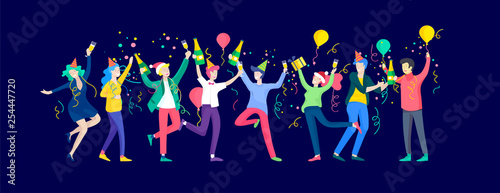 Happy Christmas Day Celebrating together happy. Group of cartoon people in Santa hats and children. Jump and throw gift. Merry Christmas and Happy New Year or birthday party friends character