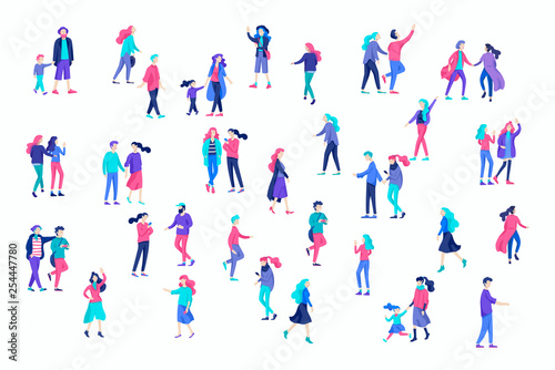 Vector people character walking on the street in autumn or winter clothes, friends and couples. Colorful Group of male and female flat cartoon characters