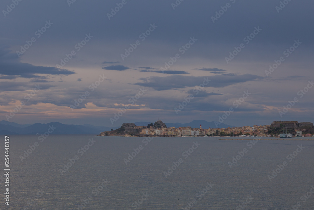 Panorama of the city of Corfu with the harbor on a rainy day Panorama of the city of Corfu with the harbor on a rainy day