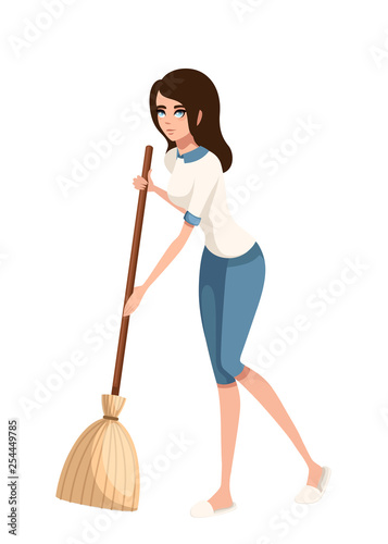 Cartoon character design. Women cleaning floor with broom. Flat vector illustration isolated on white background