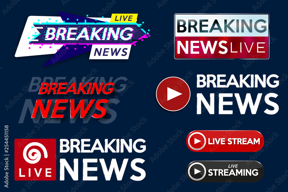 Set banner for Breaking News template title on blue background for screen TV channel. Background screen saver on breaking news. Vector illustration.