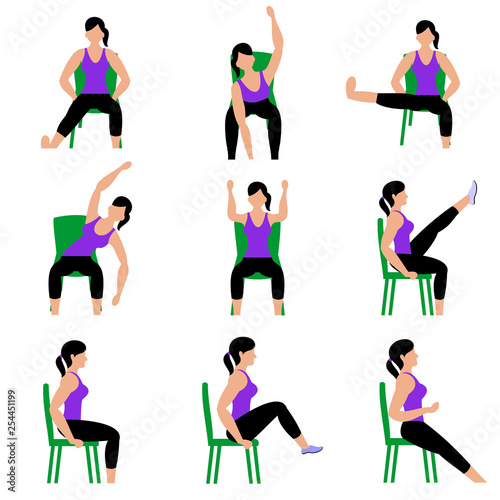 Set of young girls doing exercises in the gym. Beautiful woman doing exercises with chair. Full color flat vector illustration. 