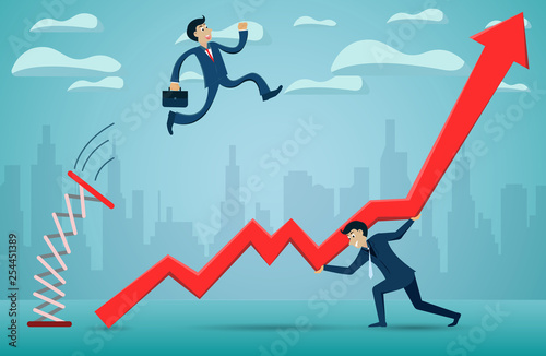 teamwork concept. Businessmen jumping from springboard Across the red arrow go to success goal. business finance concept. creative idea. illustration cartoon vector