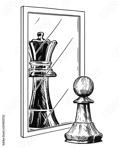 Cartoon drawing and conceptual illustration of white chess pawn reflecting in mirror as black king. Metaphor of confidence.