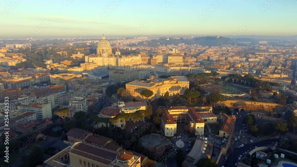 Aerial view of Rome skyline cityscape with Vatican City landmark at sunrise in Italy Aerial view of Rome skyline cityscape with Vatican City landmark at sunrise in Italy