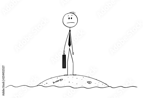 Cartoon stick figure drawing conceptual illustration of castaway businessman with briefcase standing and surviving alone on small island.