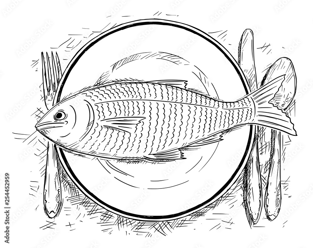 Cartoon drawing illustration of top view of fish food on dinner ...
