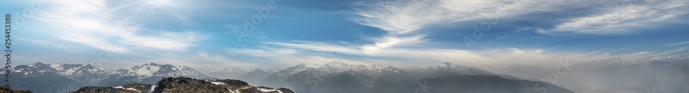 Panoramic sunset aerial view of Whistler mountains in summer