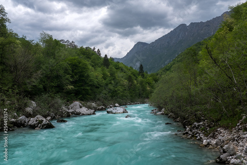 Turquoise river Isonzo flows in the forest