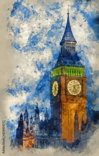 Watercolor painting of Big Ben at twilight witth lights making architecture glow in the coming darkness