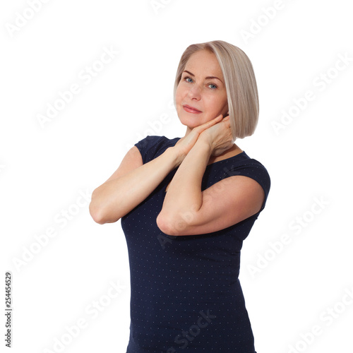 Happy woman emotionally posing in studio. Middle aged woman on white background