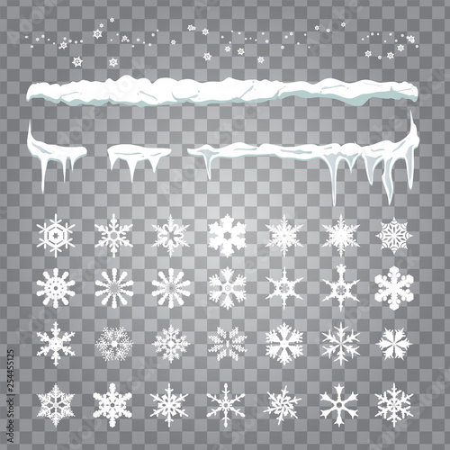Set snowlakes and set drawing of snow, hanging icicles photo