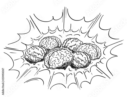 Cartoon drawing and conceptual illustration of group of human brains thinking together as team brainstorming metaphor.