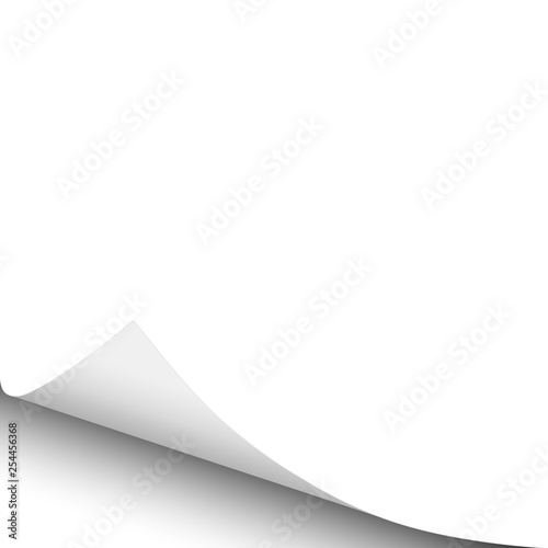 Sheet of white paper with curled lower left corner, soft shadow. Element with space for text, ad and other aims. Template paper design. Vector illustration.
