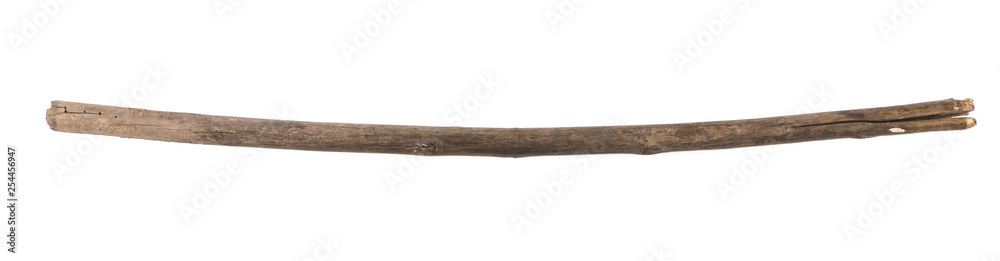 old stick, wooden staff on white isolated background