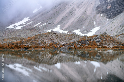 Mountain lake reflections with glacier