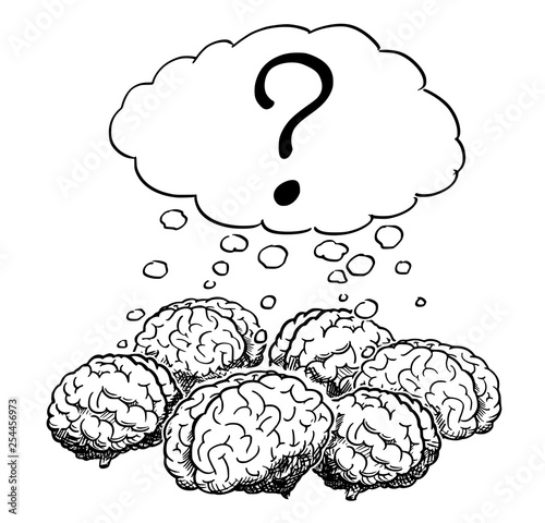 Cartoon drawing and conceptual illustration of group of human brains thinking together as team brainstorming metaphor, with question mark speech bubble.