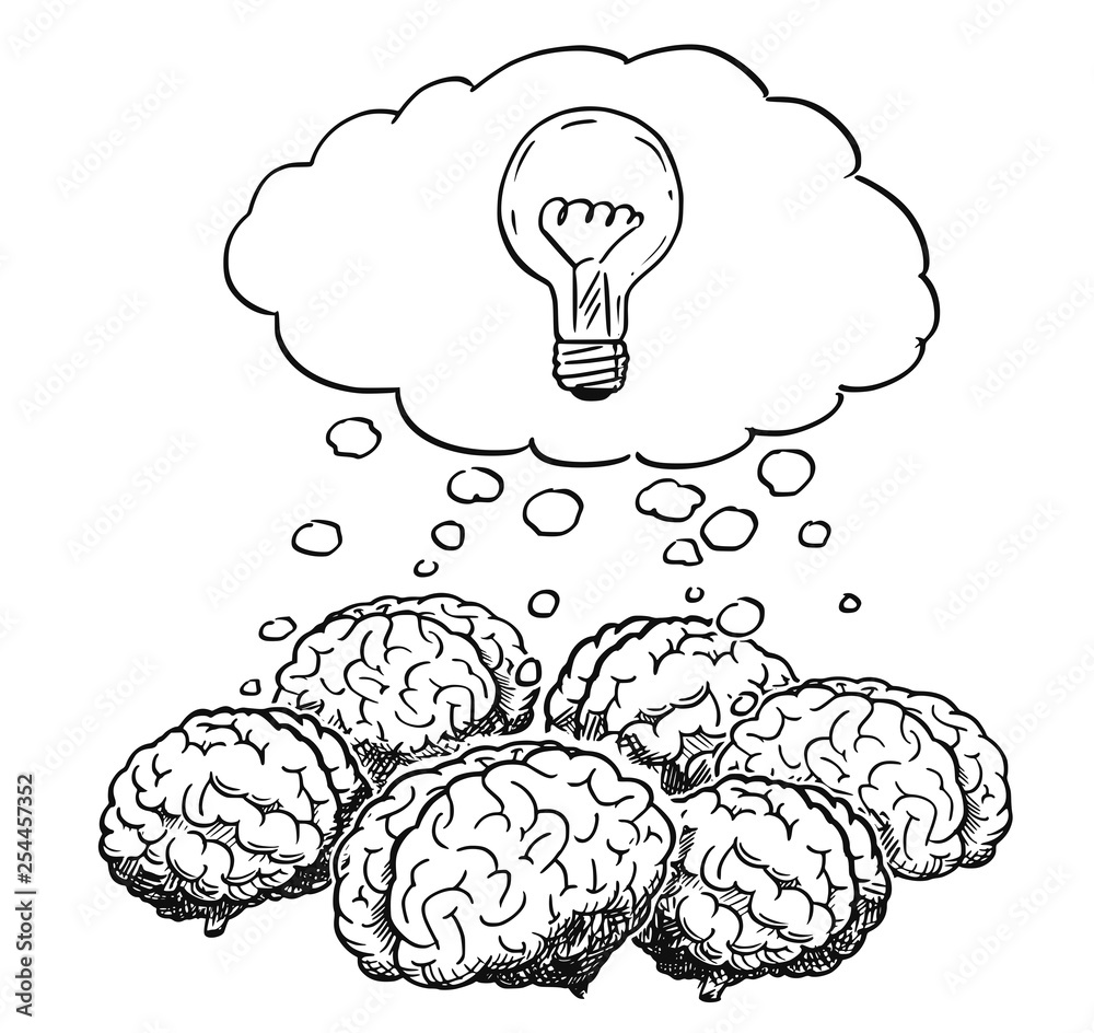Cartoon drawing and conceptual illustration of group of human brains thinking together as team brainstorming metaphor, with light bulb in speech bubble. Cartoon drawing and conceptual illustration of group of human brains thinking together as team brainstorming metaphor, with light bulb in speech bubble.