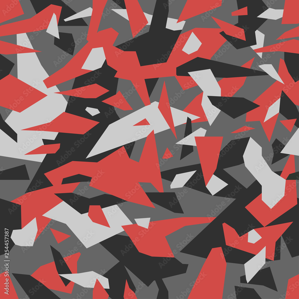 Geometric camouflage seamless pattern. Urban military clothing style,  masking camo repeat print. Grey red and black color. Vector Texture vector  de Stock | Adobe Stock