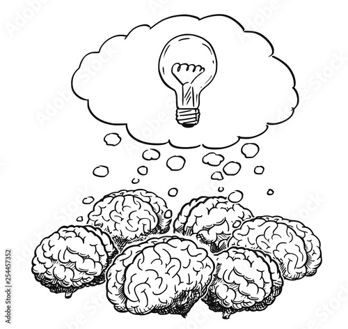Cartoon drawing and conceptual illustration of group of human brains thinking together as team brainstorming metaphor, with light bulb in speech bubble.
