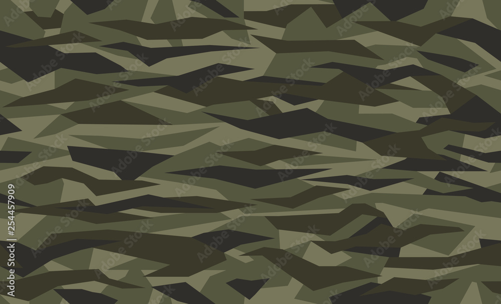 Seamless geometric camouflage pattern. Military texture with debris shape.  Dark green, khaki brown. forest, soldier camo background. Vector army  fabric textile print. Stock Vector