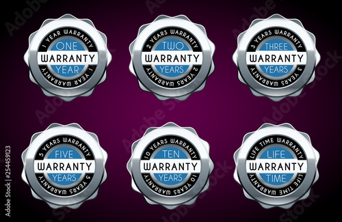 One year to five years warranty silver badges set. Guarantee labels