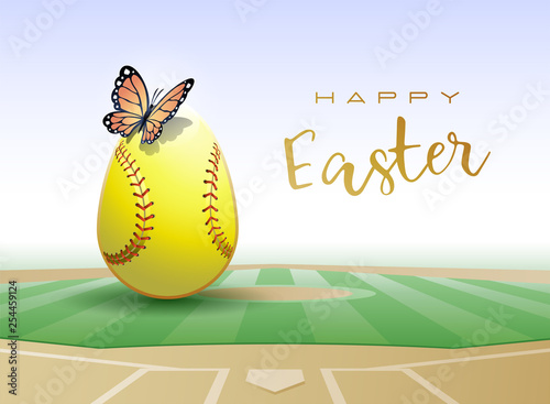 Happy Easter. Easter egg in the form of a softball ball with Butterfly. Vector illustration.