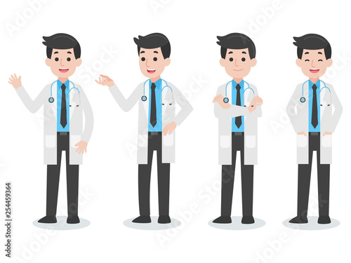 Set of Doctor holding fan have heatstroke in summer concept, hot weather, cartoon character vector in flat design Medical Health care Life.