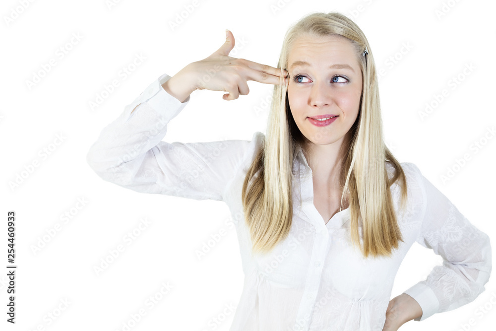 Blonde, young woman pulling a gun gesture at her head.isolated on white, copy space Blonde, young woman pulling a gun gesture at her head.isolated on white, copy space