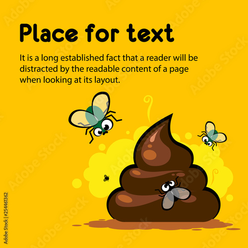 Flyer with a bunch of smelly shit and fly on an orange background with space for your text, vector illustration
